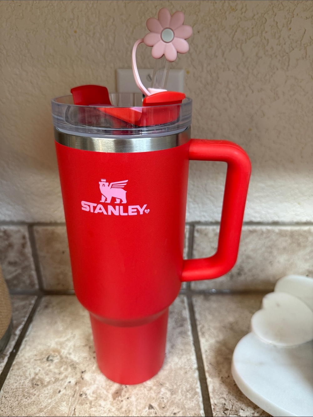 Stanley Red Insulated Travel Mug with Handle and Clear Lid